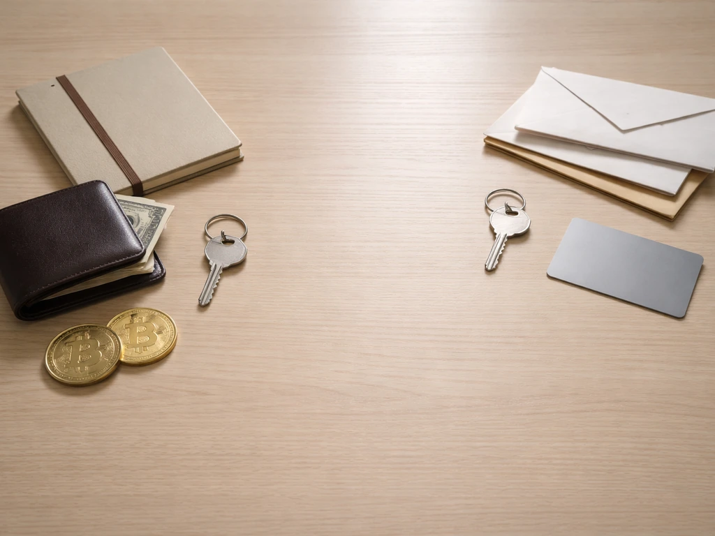 Minimal desk scene with scattered assets and debt symbols arranged to show assets minus liabilities.