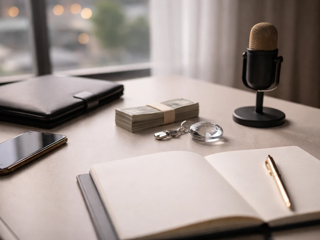 Minimal luxury desk with cash, pen, mic, and phone suggesting senior fashion income streams