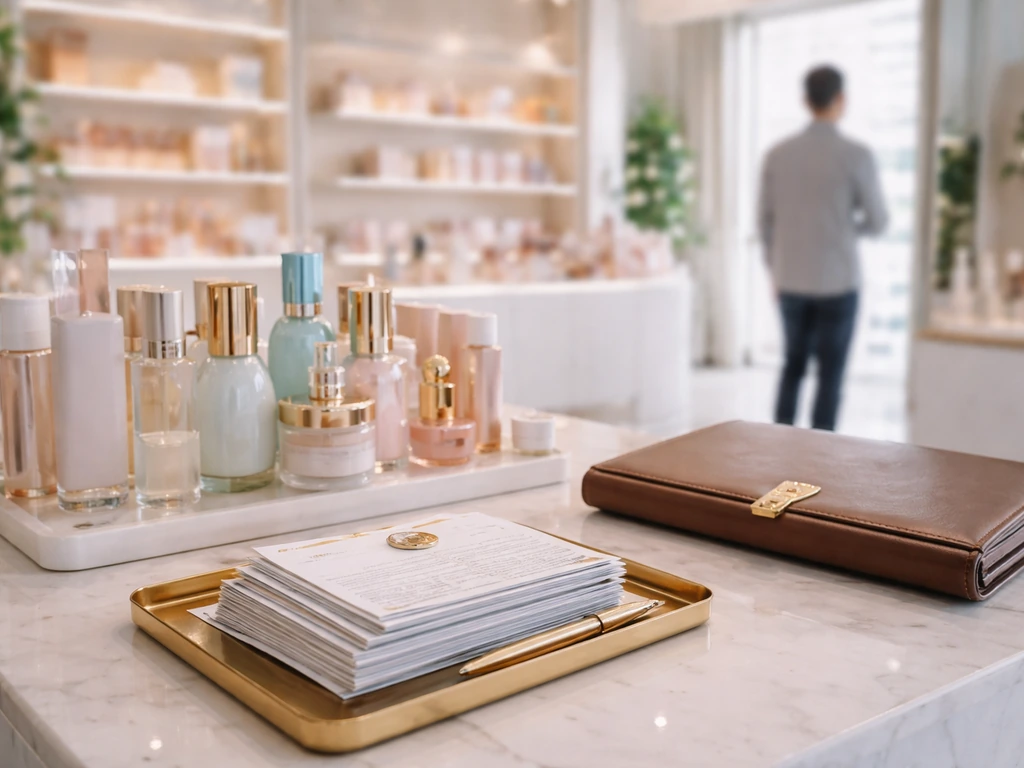 Minimal beauty retail counter with cosmetics and money-adjacent business items, symbolizing net worth estimation.