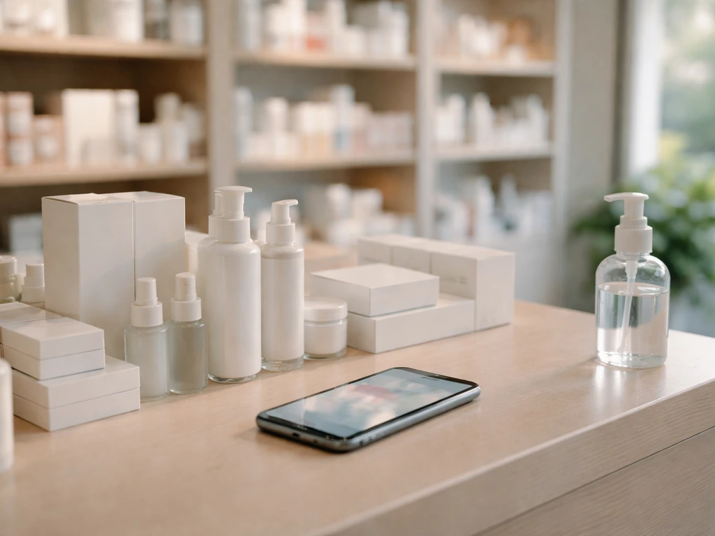 Beauty entrepreneur vibe: empty cosmetics retail counter with product boxes and a smartphone on a desk