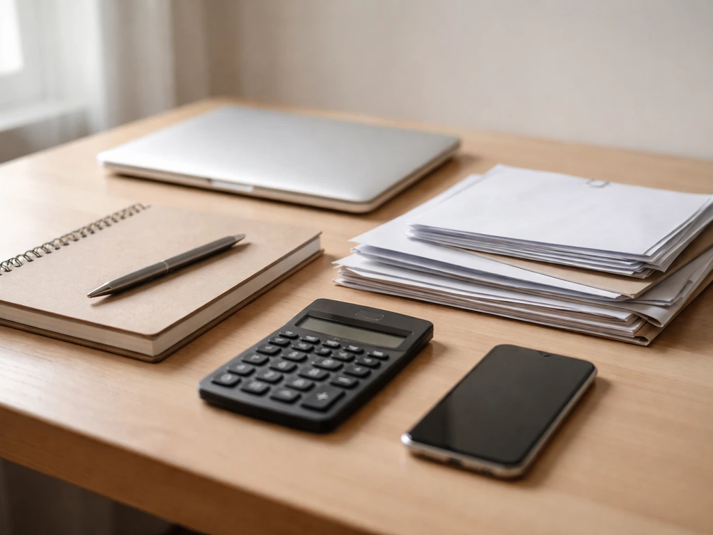 Desk with documents, calculator, and notebook suggesting preparation of business value estimates