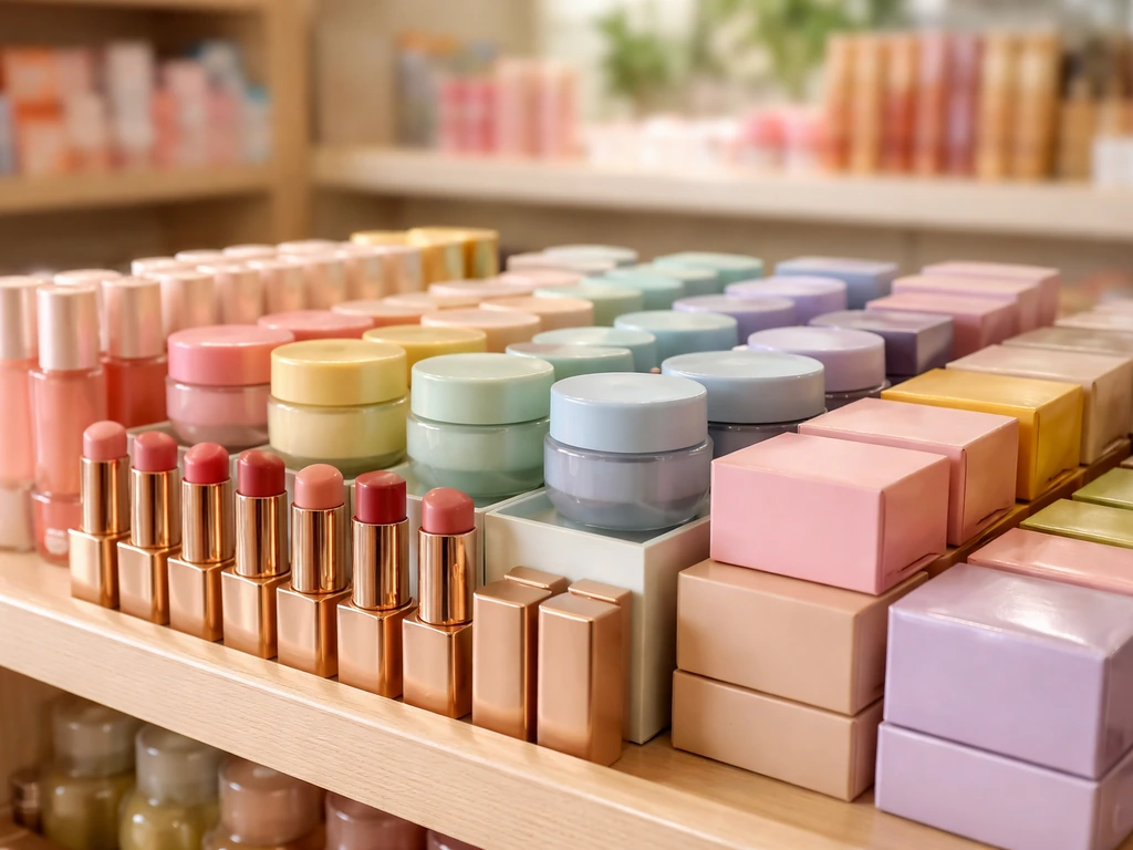 Close-up of a clean beauty store shelf with neatly arranged skincare and makeup products