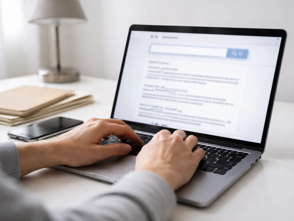Person working at a desk with a laptop showing a generic company search page for verifying filings