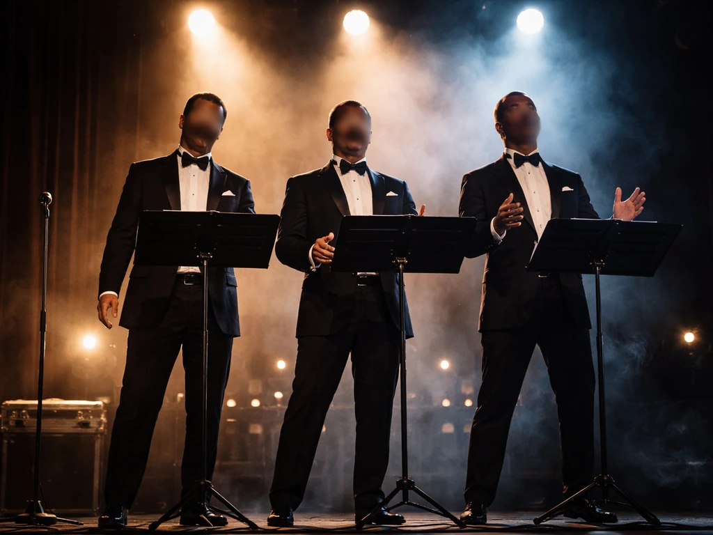 Three anonymous classical crossover tenors perform under stage lights beside music stands.