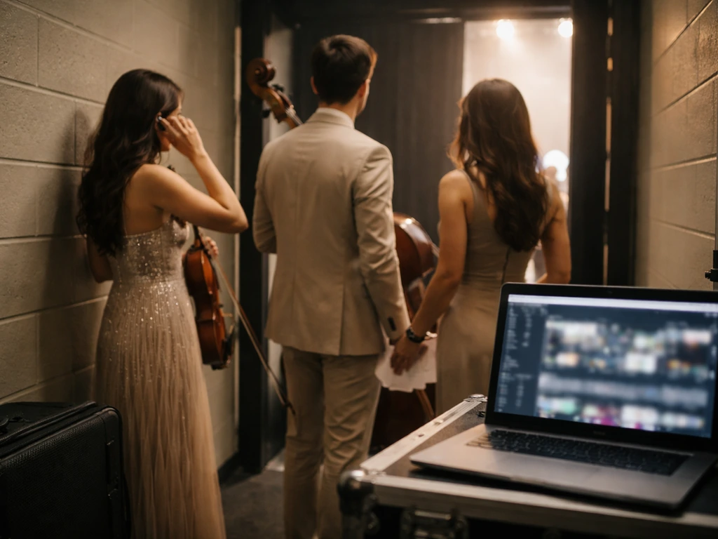 Backstage corridor with anonymous performers, a backstage pass, and a laptop showing blurred streaming UI.