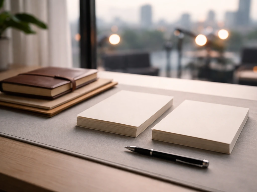 Minimal office desk with blank papers and pen, symbolizing a working estimate and media income ranges.