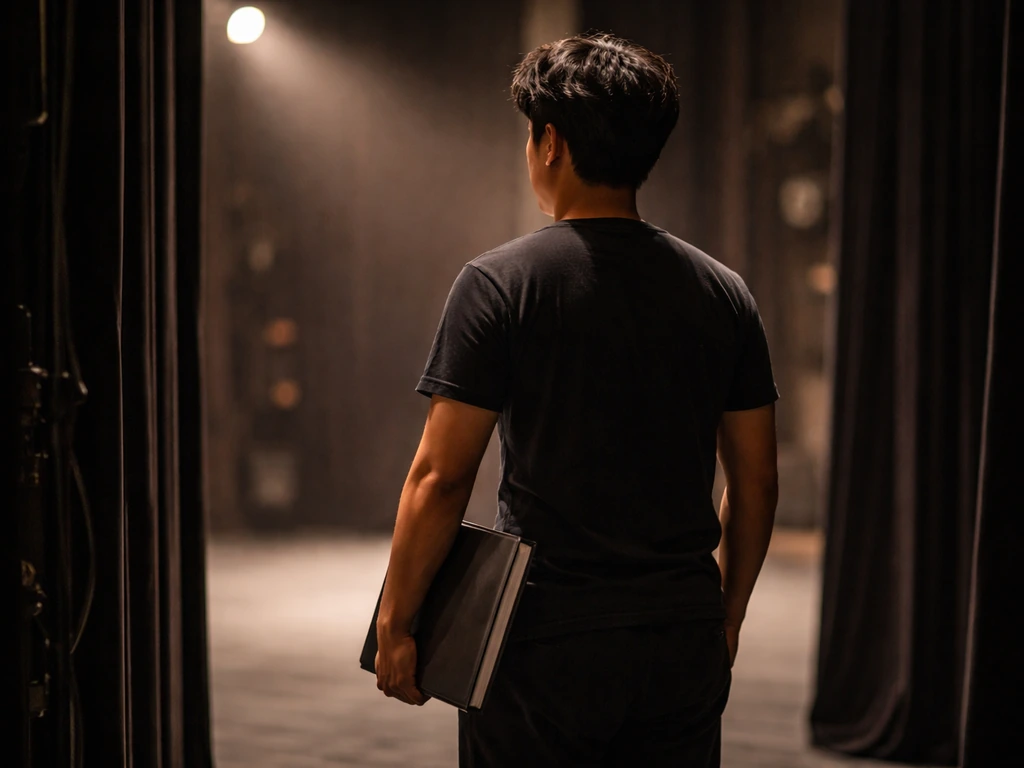 Anonymous Filipino theater actor in a quiet stage setting under soft spotlight glow.