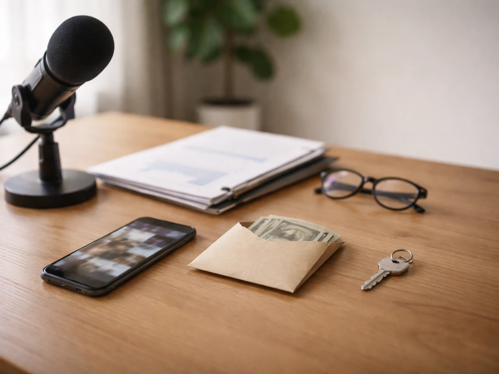 Minimal desk scene with microphone, phone, cash envelope, and business documents symbolizing net-worth inputs.
