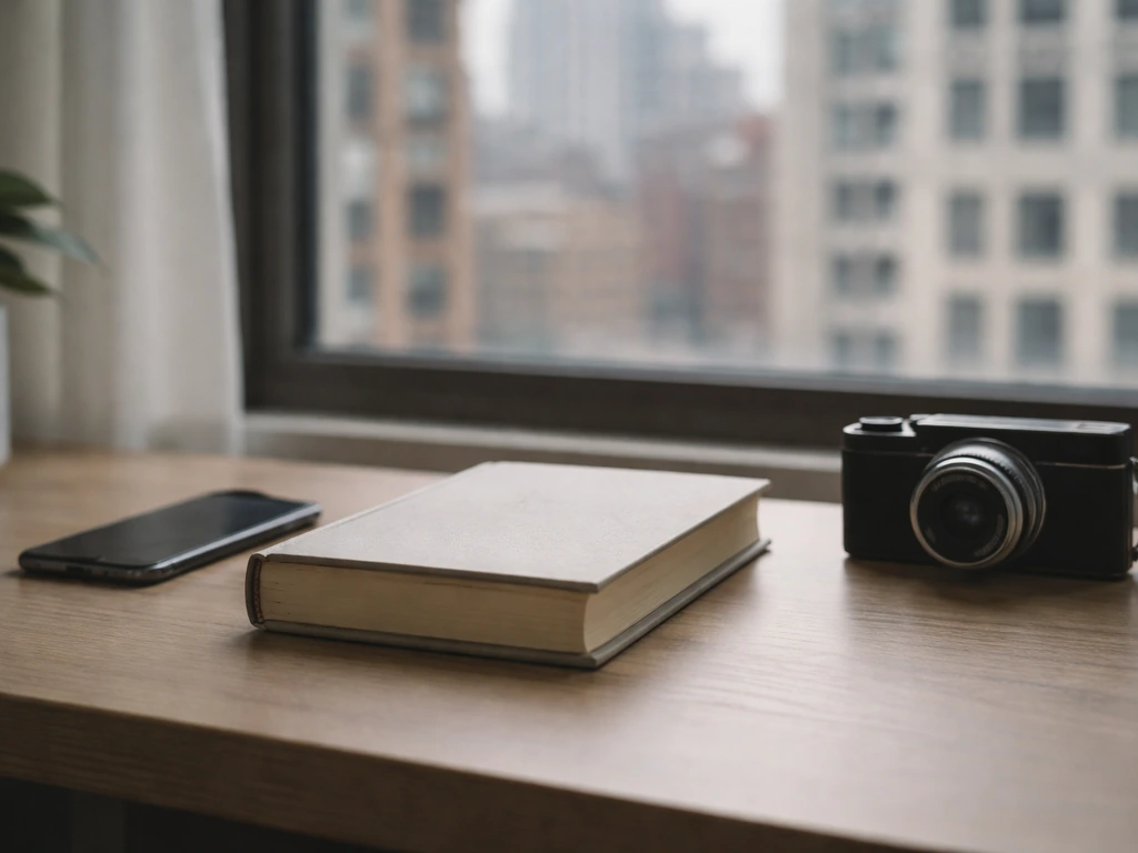 Minimal office desk with books and phone, symbolizing identity verification and media references without showing any per