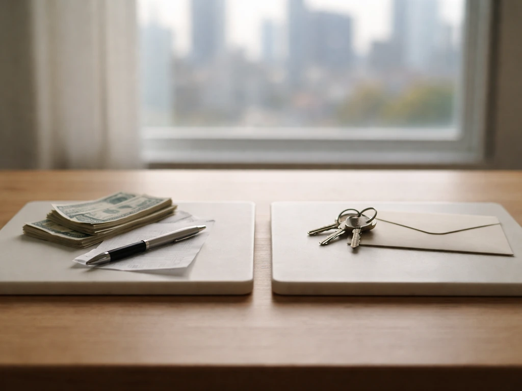 Minimal desk scene with two separated tiles suggesting income sources and liabilities.