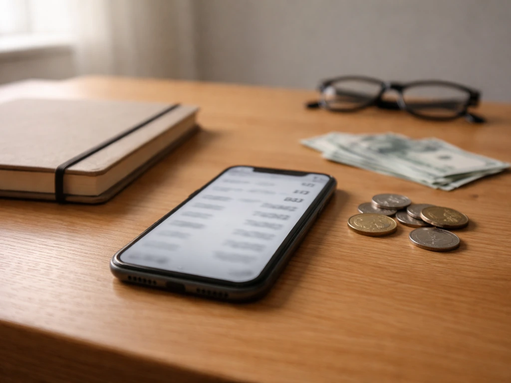 An anonymous desk scene with scattered money and a smartphone showing blurred numbers, suggesting conflicting online cla