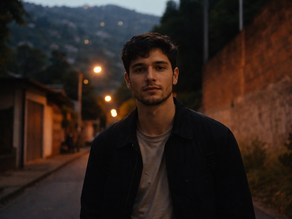 Anonymous man standing on a quiet Medellín street at dusk, blurred hillside background, minimal scene.