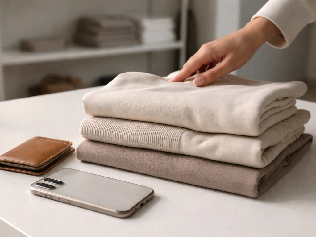 Close-up of luxury clothing stack on a studio table with a wallet and phone, minimal upscale commerce mood.
