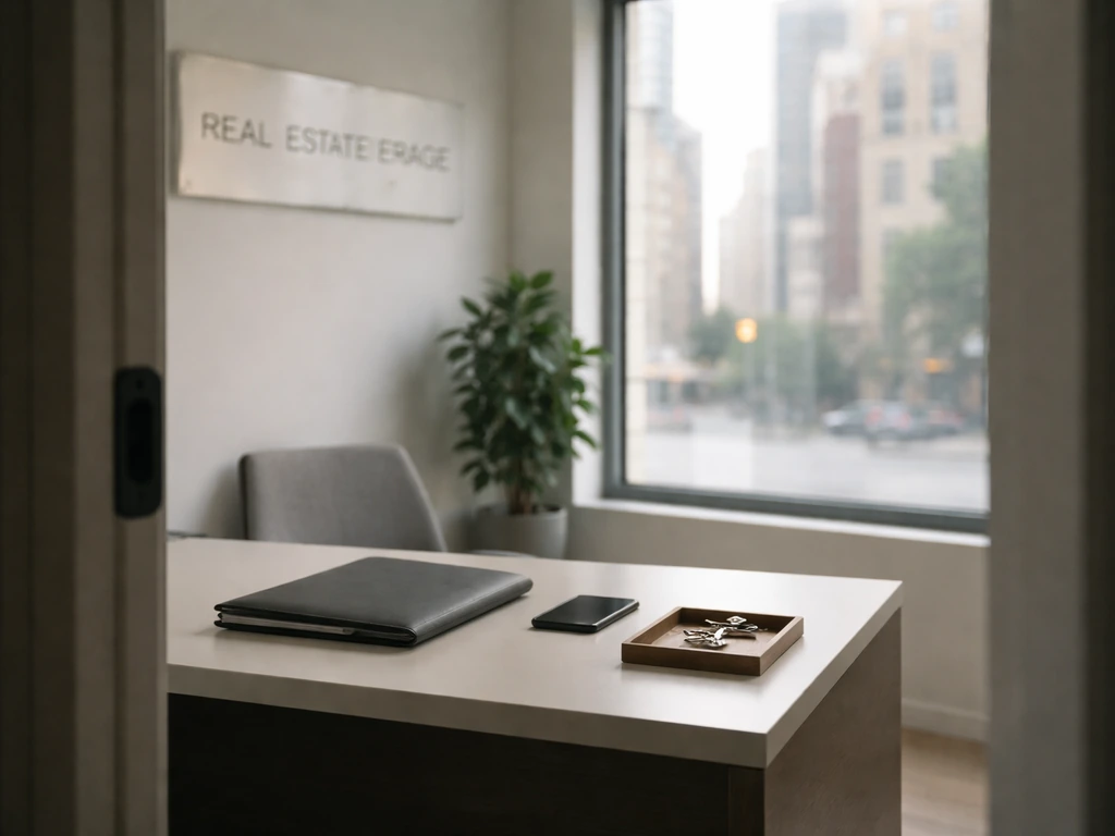 Anonymous NYC real estate office scene with window light, desk items, and a brokerage placard