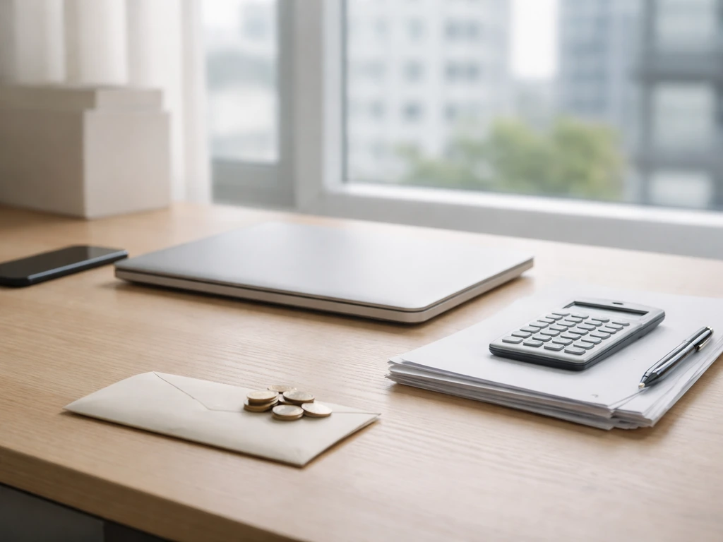 Minimal desk scene showing anonymous financial documents, a calculator, and a phone with notes about transactions and pr