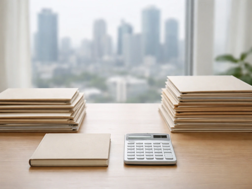 Minimal home-office desk with two contrasting paper stacks symbolizing assets vs. liabilities, no people.