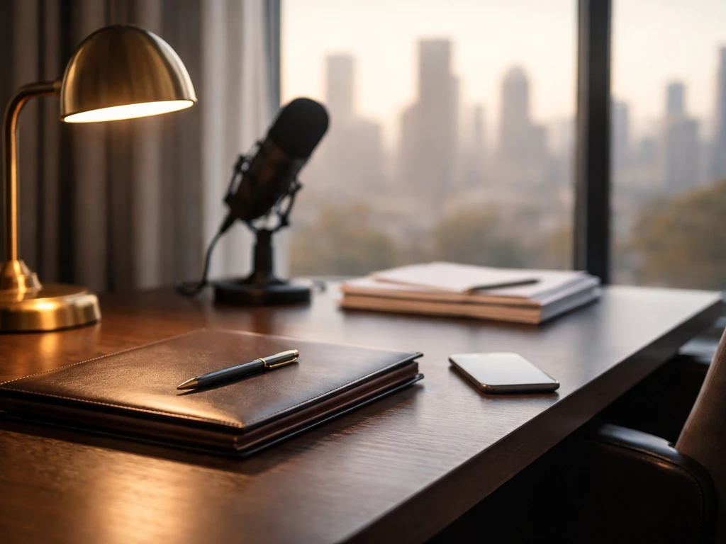 Empty executive desk with studio microphone and city view, symbolizing business and net-worth analysis.