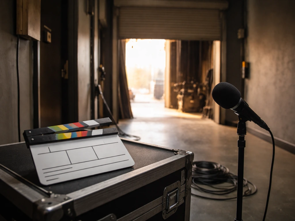 Anonymous film set scene with clapperboard and microphone near a studio doorway