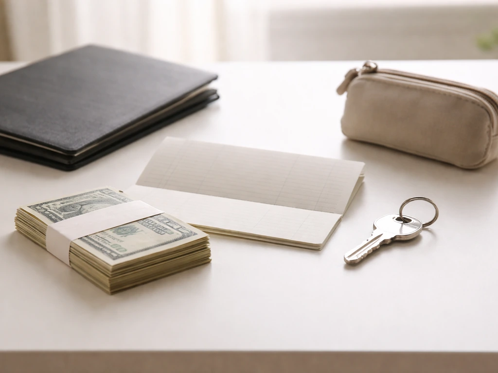 Close-up still life of cash, a blank passbook, a home key, and investment items on a desk.