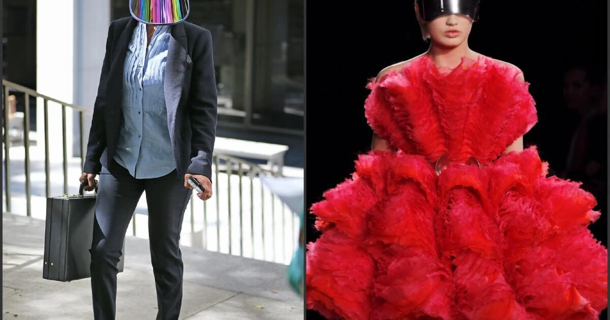 V Stiviano in a fashion-oriented editorial-style split image, shown in a street look on the left and a dramatic red runw