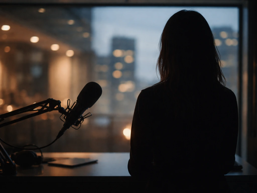 Anonymous businesswoman silhouette in a newsroom studio with microphone and blurred city lights at dusk