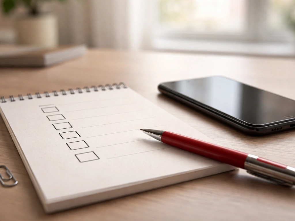 Close-up of a notepad checklist with blank boxes beside a smartphone, signaling fact-checking and source verification.