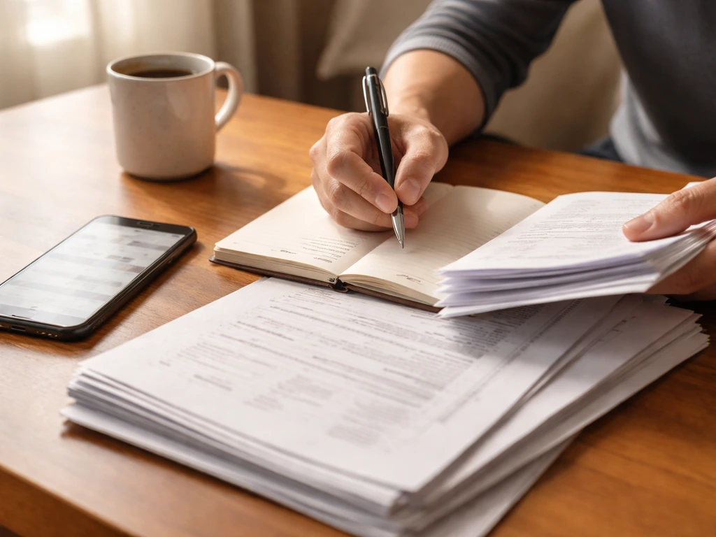 Person at a desk reviewing financial documents beside a smartphone showing a generic finance search interface