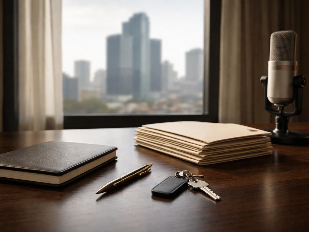Minimal desk scene with real-estate paperwork, a microphone, and city skyline suggesting net worth context