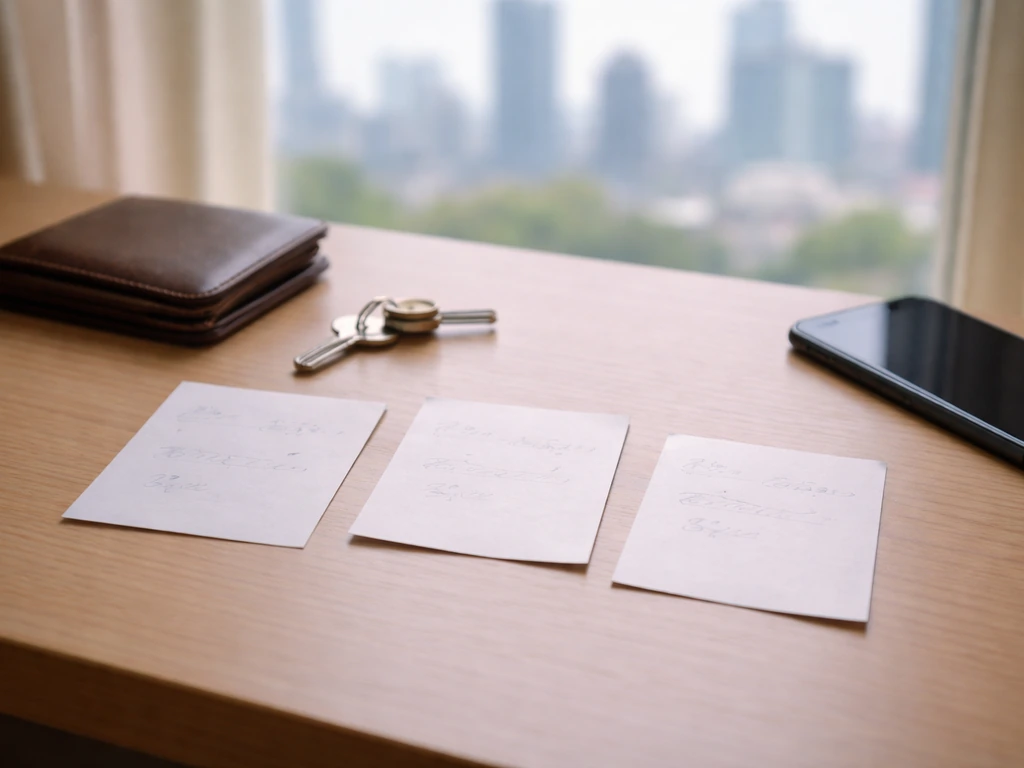 Three dated-looking blank money cards beside a wallet and phone, with a blurred city view.