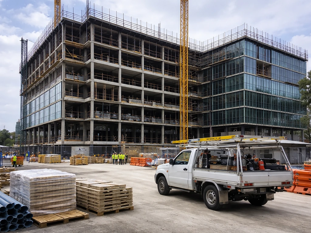 Active commercial construction site with a modern mid-rise facade under development and anonymous workers.