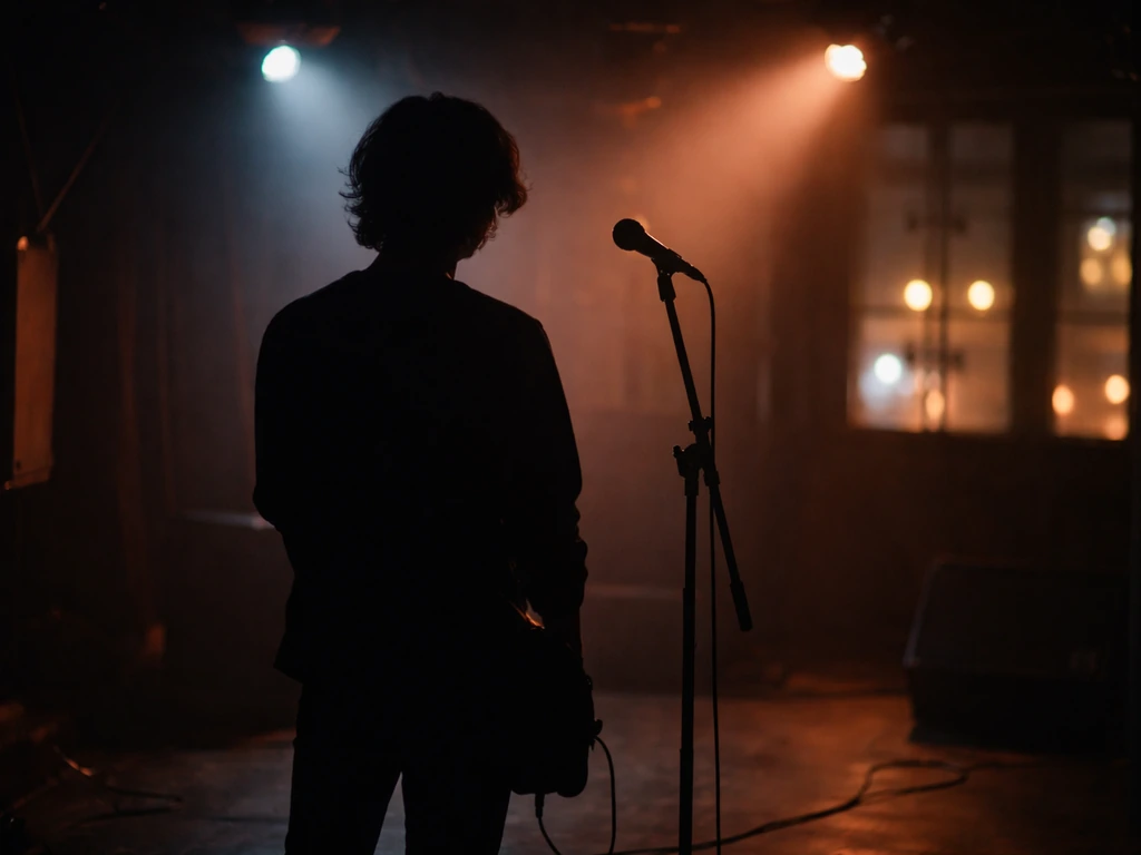 Anonymous stage musician silhouette in a dark venue with a microphone stand and city-night lights