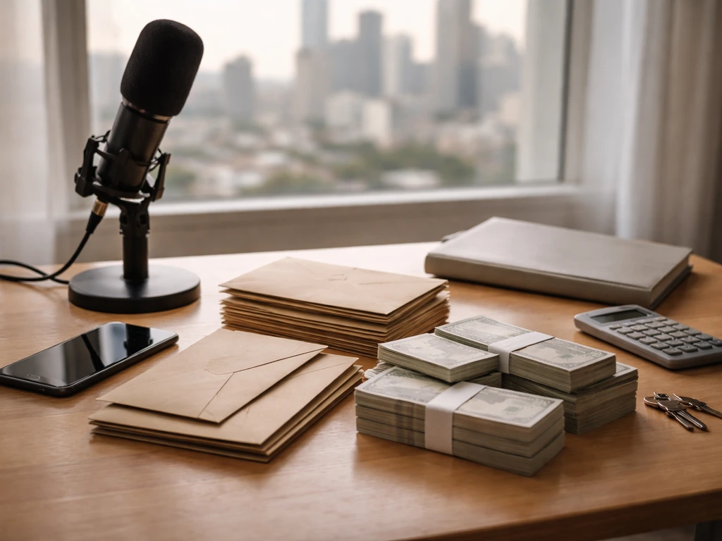 Minimal desk scene with music streaming gear and scattered cash-like envelopes beside a ledger book