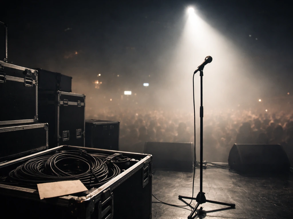 Minimal live tour stage setup with spotlight and blurred audience, symbolizing touring income.