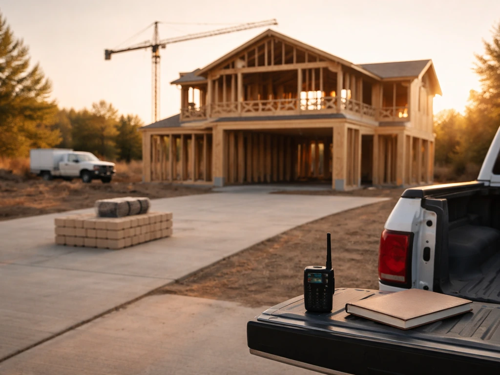 Quiet homebuilding worksite with a construction crane and subtle wealth symbolism, minimal editorial hero image