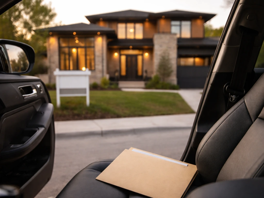 Modern home exterior with business folder in an open car, symbolizing real estate and homebuilding.