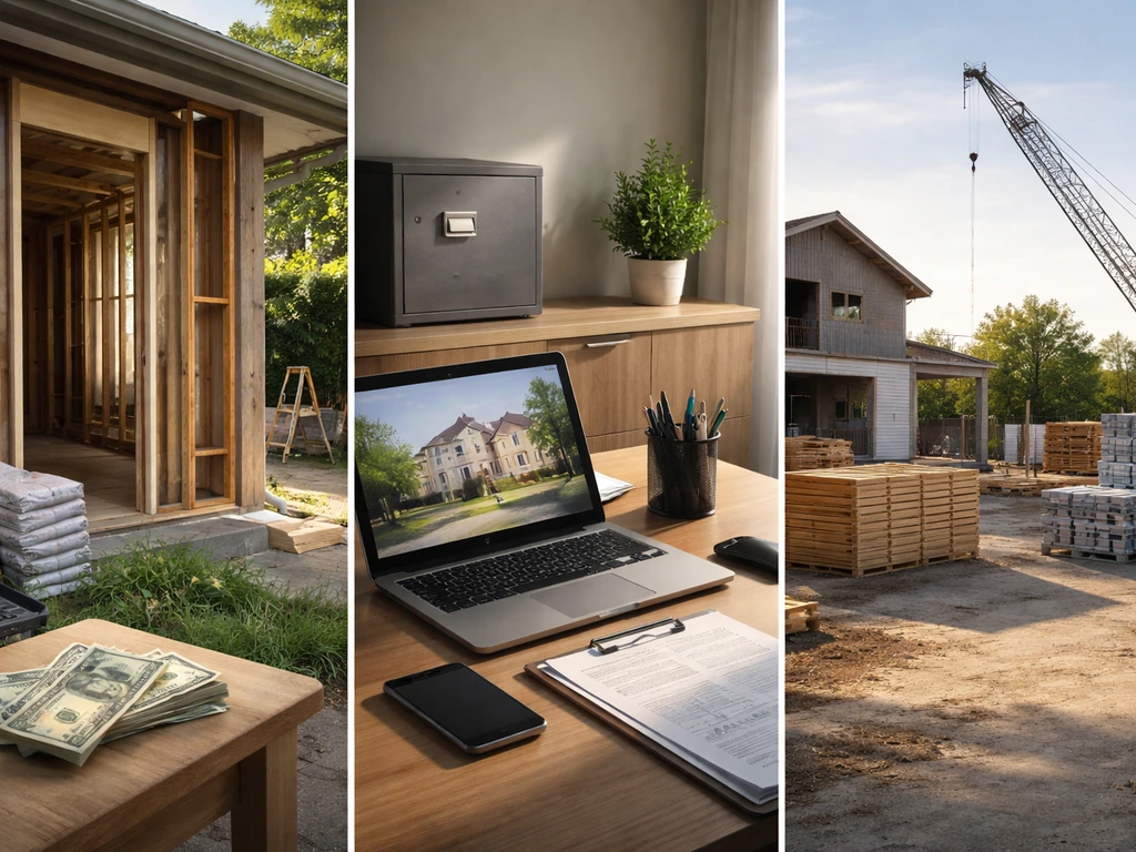 Three vignettes: remodel materials, a contractor desk, and a quiet construction site symbolizing business models.