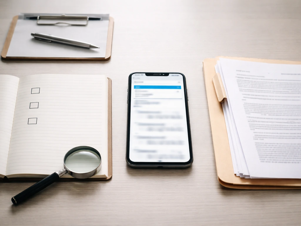 Minimal desk scene with a smartphone, notebook checklist, and official-looking papers suggesting business research.