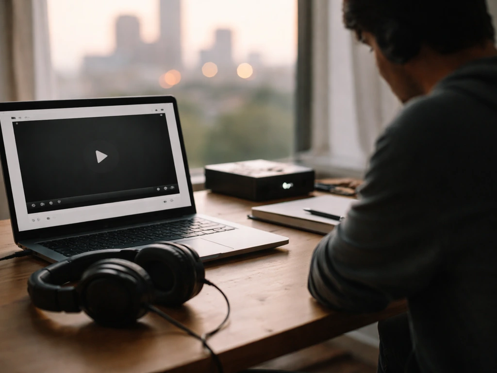 Minimal studio scene with a laptop showing a paused music video frame for streaming-income context