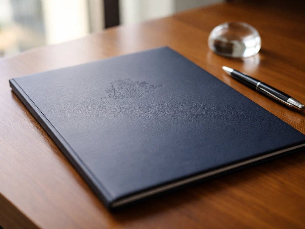 Close-up of a business registry document folder on a wooden desk with pen and glass paperweight.