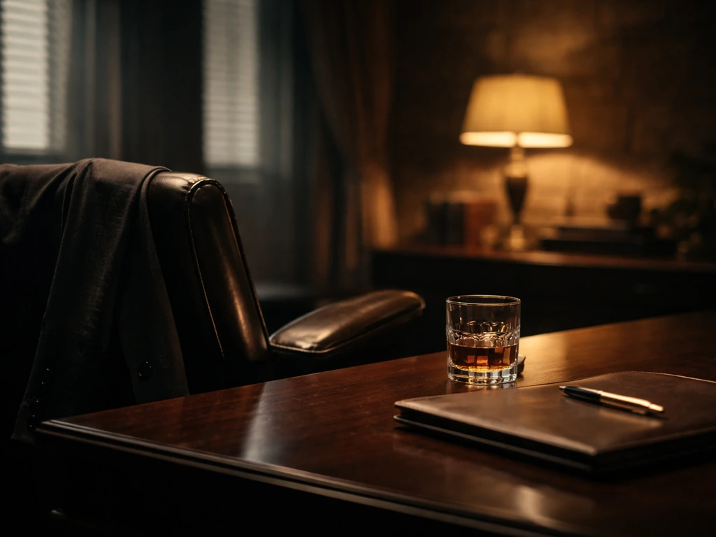Dim office with dark suit, leather portfolio, and amber drink suggesting power and wealth.