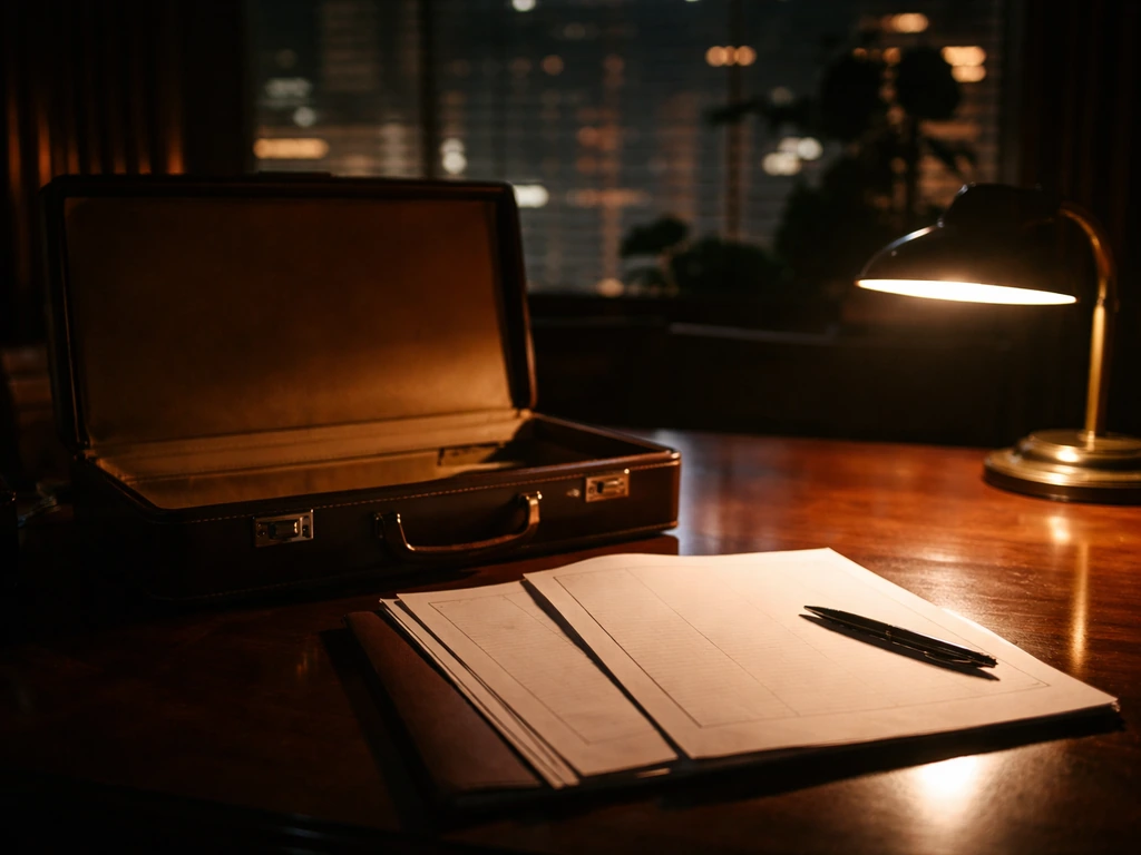 Dim office desk with an open briefcase, blank ledger papers, and a pen under moody lighting