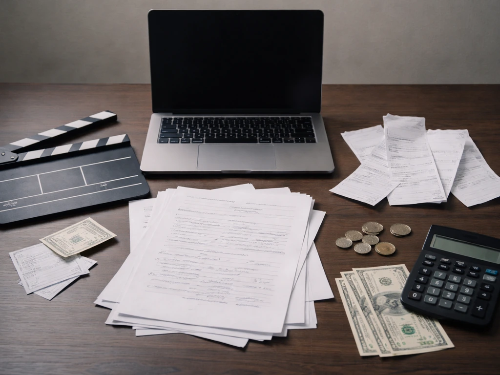 Minimal desk scene with handwritten film-earnings notes, receipts, and a calculator beside a laptop