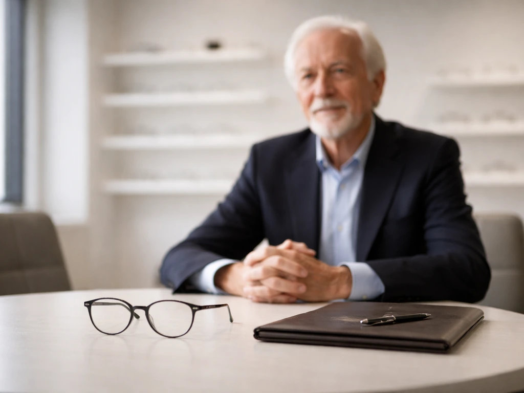 Leonardo Del Vecchio at an eyewear-themed event, seated at a conference table with a minimalist backdrop.