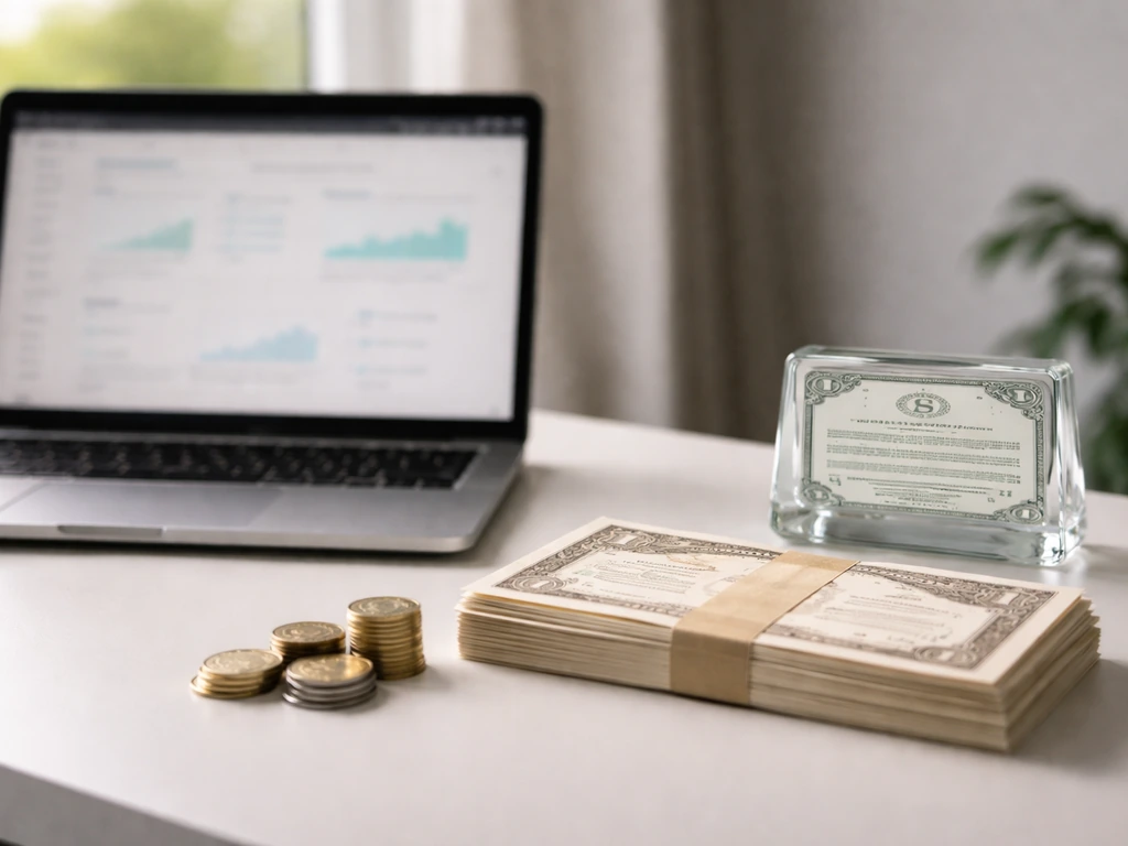 Minimal desk scene with laptop and coins symbolizing how an equity stake contributes to net worth.