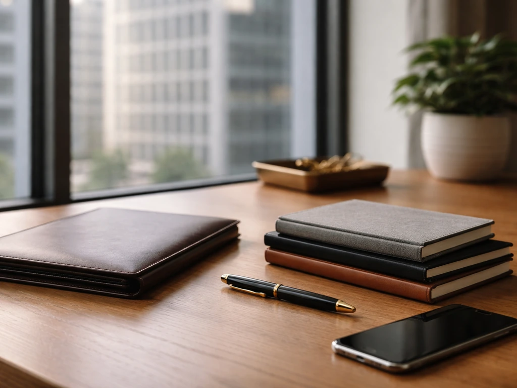 Minimal desk scene with finance/business items and a blurred modern office building outside