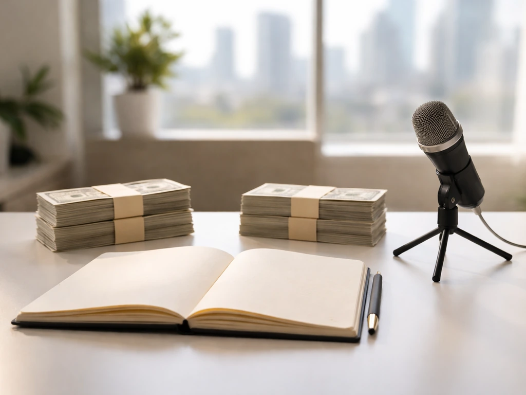 Minimal desk scene with currency stacks and a studio microphone, symbolizing competing net worth estimates.