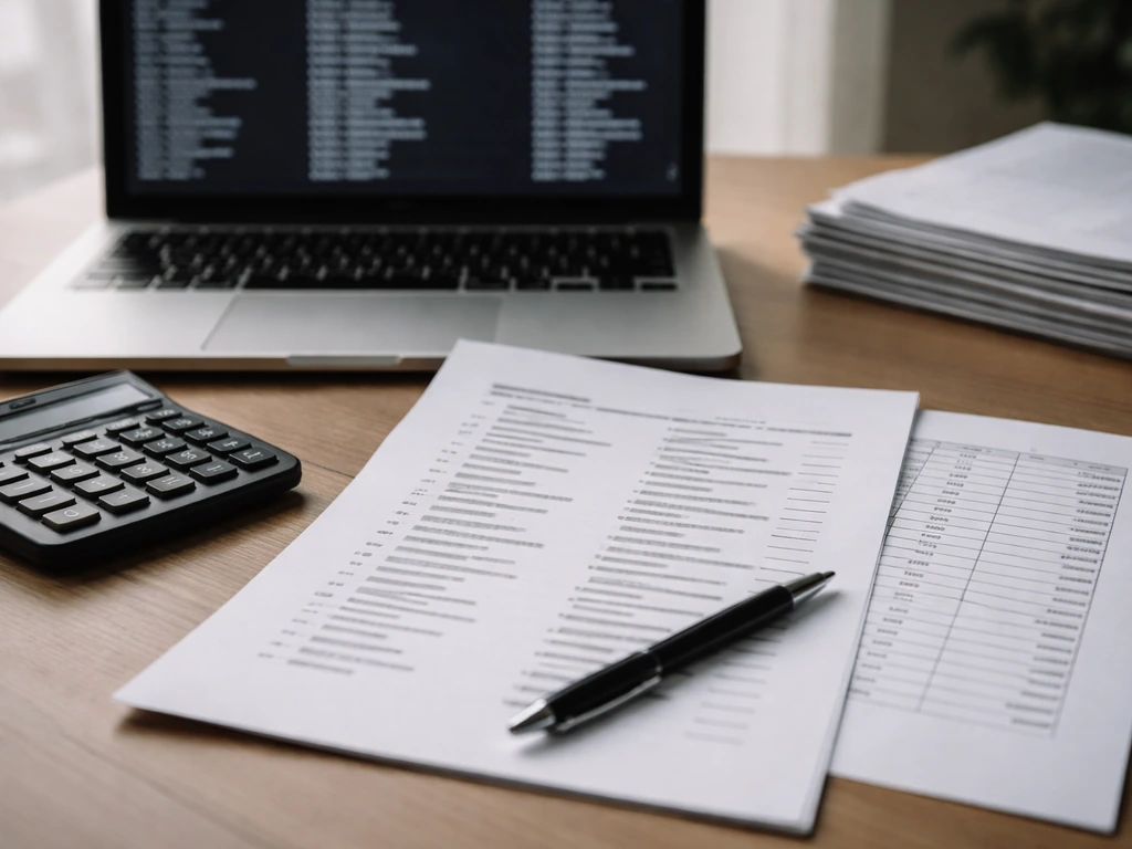 Minimal desk scene with credit-style list papers and a calculator beside a laptop, suggesting income tracking
