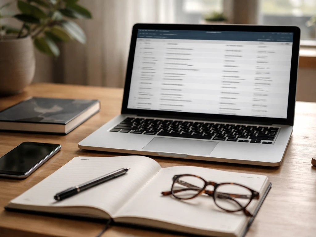 Minimal desk scene with laptop and phone as if verifying public credits and financial info.