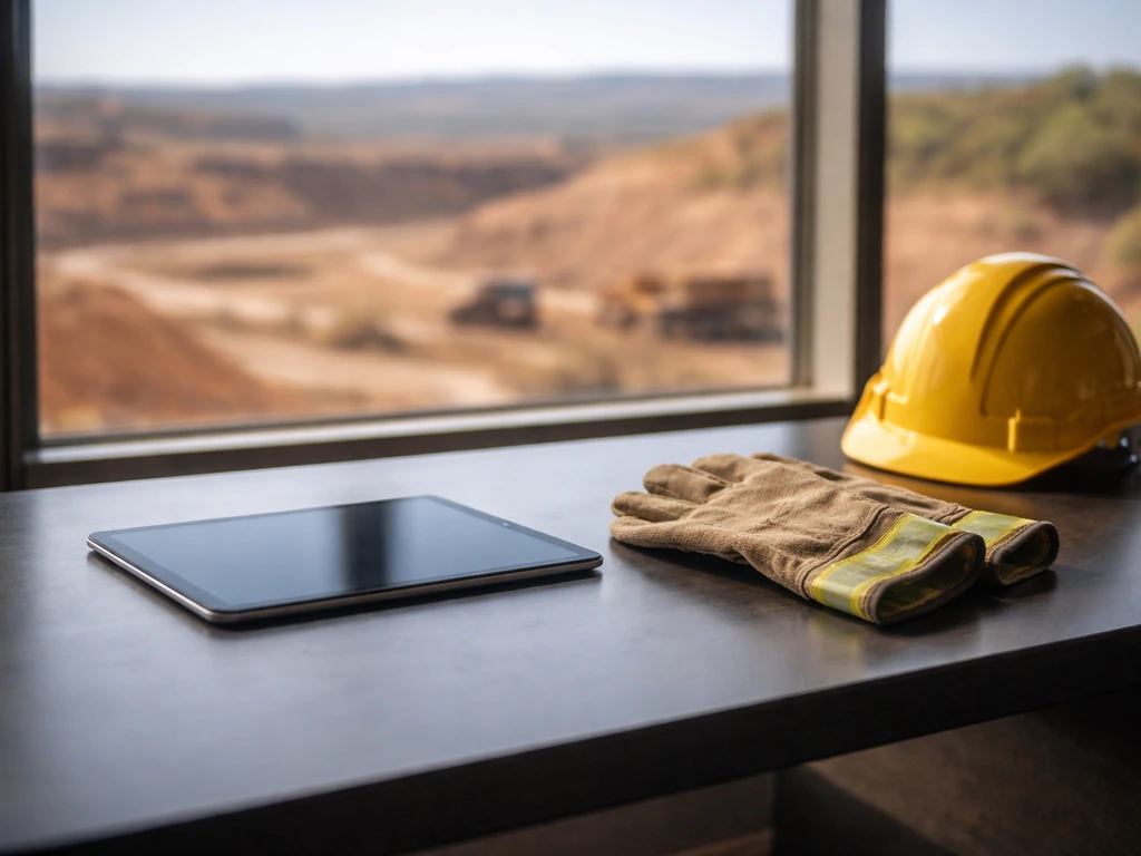 Executive mining office scene with a metal desk, tablet, and blurred outback landscape view.