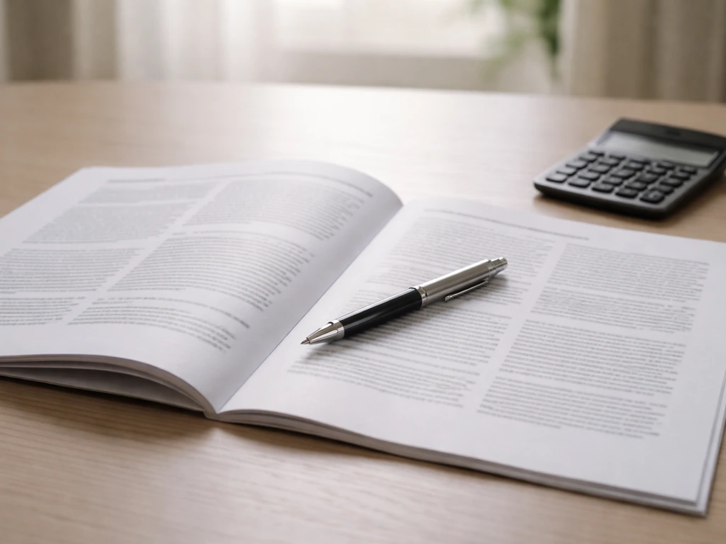 Close-up of a neat desk with an open annual report and a pen beside a calculator, suggesting executive pay